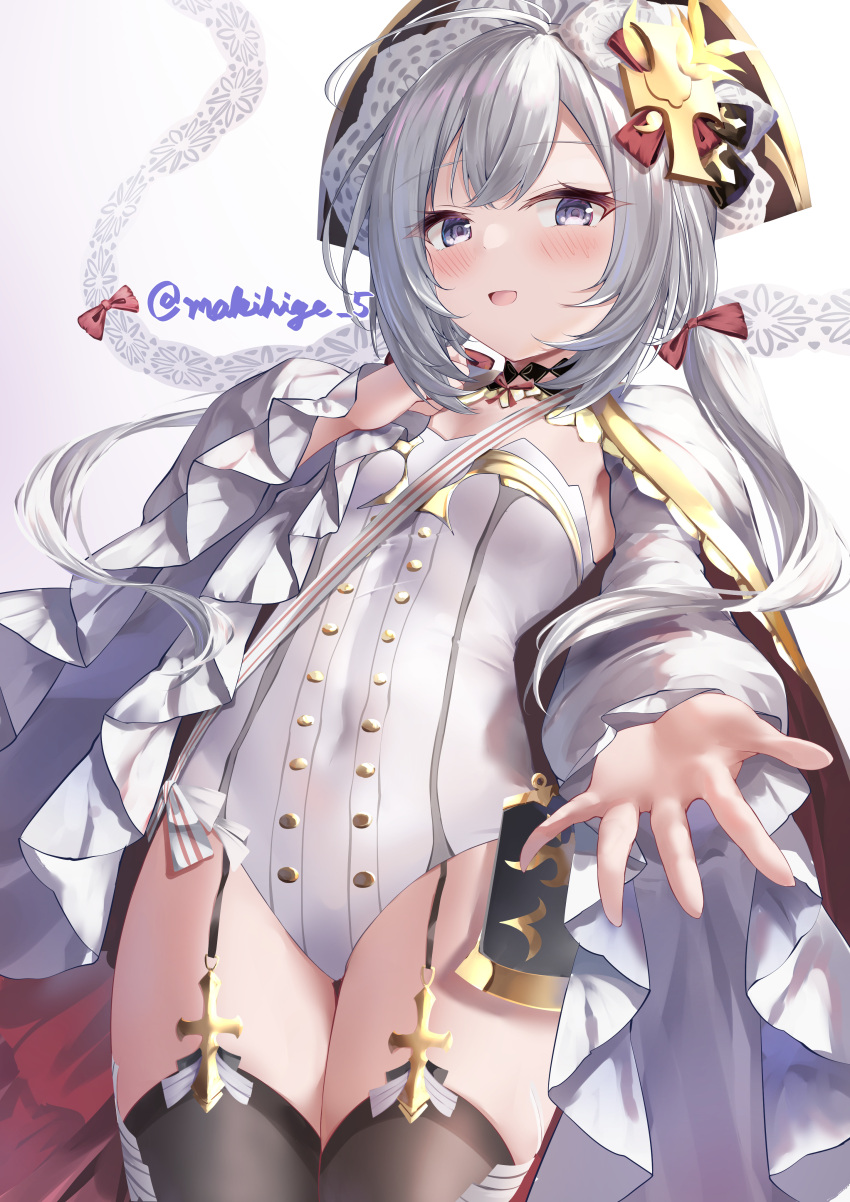1girl absurdres azur_lane black_thighhighs blue_eyes blush bow breasts commentary_request flandre_(azur_lane) frilled_sleeves frills garter_straps grey_hair hair_bow highres leotard long_sleeves looking_at_viewer low_twintails makihige open_mouth outstretched_arm red_bow sidelocks small_breasts smile solo standing thighhighs thighs twintails twitter_username white_background white_leotard wide_sleeves