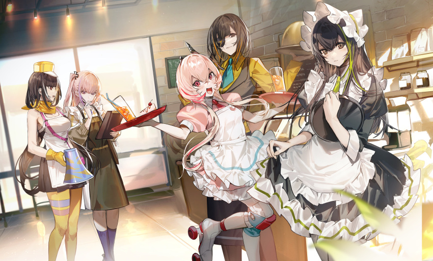 5girls absurdres apron black_hair breasts cafe drinking_straw eyepatch girls'_frontline gloves green_hair grey_eyes hair_between_eyes highres long_hair looking_at_viewer m16a1_(girls'_frontline) m4_sopmod_ii_(girls'_frontline) m4a1_(girls'_frontline) maid maid_apron medium_breasts megaphone menu_board multicolored_hair multiple_girls official_alternate_costume official_art one_side_up orange_hair pink_hair purple_hair red_eyes red_hair ro635_(girls'_frontline) roller_skates scar scar_on_face skates st_ar-15_(girls'_frontline) streaked_hair tray waitress white_hair yellow_gloves