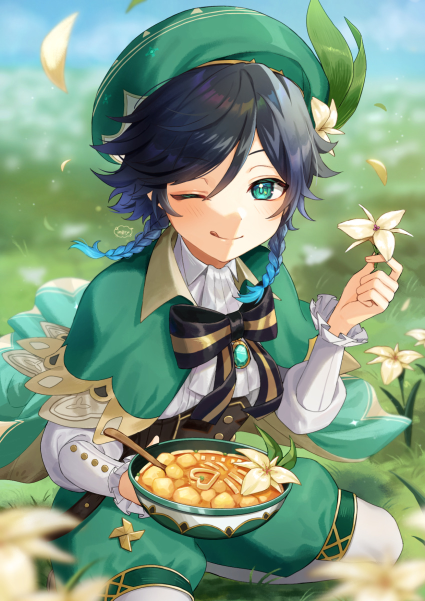 1boy :d androgynous beret black_hair blue_hair blurry blurry_background blurry_foreground blush bow bowl braid brooch cape closed_mouth collared_cape collared_shirt commentary_request corset falling_leaves feathers flower food frilled_sleeves frills gem genshin_impact gradient_hair green_cape green_eyes green_headwear green_shorts hat hat_flower highres hitsujino_mery holding holding_bowl holding_flower holding_food jewelry leaf licking_lips light_particles long_sleeves looking_at_viewer male_focus multicolored_hair one_eye_closed pantyhose pinwheel shirt short_hair_with_long_locks shorts side_braids sidelocks smile solo tongue tongue_out twin_braids venti_(genshin_impact) white_flower white_pantyhose white_shirt