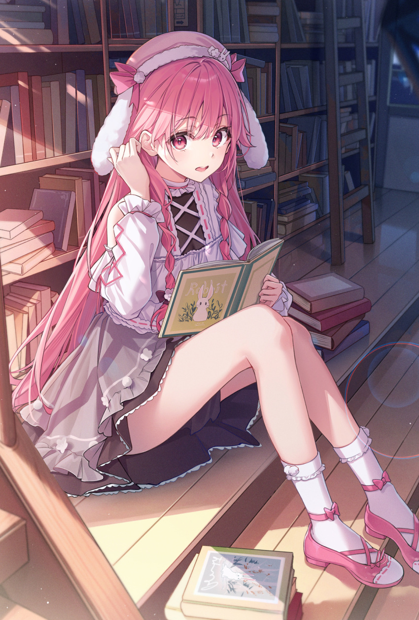 1girl adjusting_hair animal_ears animal_hat ankle_bow black_skirt book book_stack bookshelf bow breasts cleavage clothing_cutout collar commentary_request cross-laced_clothes cross-laced_top dangmyo dress fake_animal_ears frilled_collar frilled_dress frilled_skirt frilled_socks frills from_side hand_up hat hat_ribbon highres indoors knees_together_feet_apart ladder lens_flare long_bangs long_hair long_sleeves looking_at_viewer open_book open_mouth original pink_eyes pink_footwear pink_hair pink_headwear puffy_sleeves rabbit rabbit_ears rabbit_hat reading ribbon shirt shoulder_cutout sidelocks sitting skirt small_breasts socks solo teeth thighs upper_teeth_only very_long_hair white_shirt white_socks wooden_floor