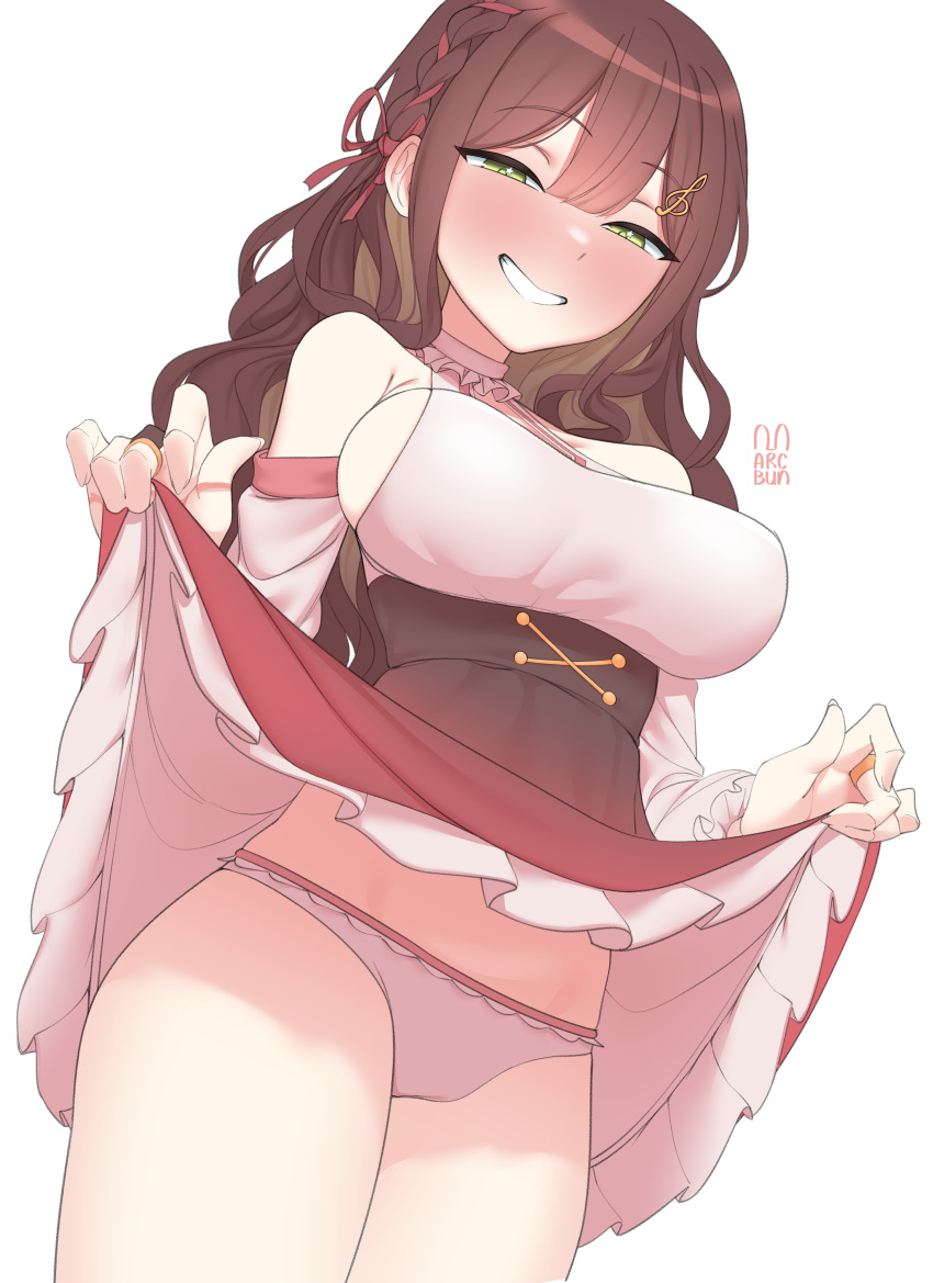 1girl absurdres arcbun bare_shoulders blush braid breasts brown_hair clothes_lift dress dress_lift english_commentary green_eyes grin highres jewelry large_breasts long_hair looking_at_viewer miori_celesta naughty_face panties ring sideboob smile solo tsunderia underwear virtual_youtuber wavy_hair white_background
