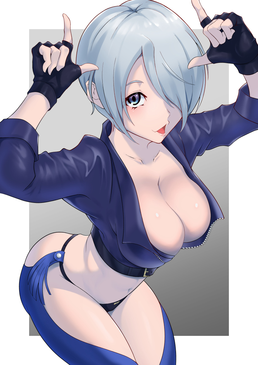 1girl absurdres angel_(kof) black_gloves blue_eyes breasts cropped_jacket finger_horns fingerless_gloves gloves grey_hair hair_over_one_eye highres horns_pose index_fingers_raised jacket large_breasts leather leather_jacket long_sleeves looking_at_viewer midriff navel pogchamp sato_one1 short_hair the_king_of_fighters