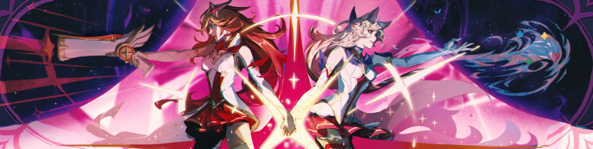 2girls absurdres ahri_(league_of_legends) aiming animal_ears bare_shoulders blonde_hair breasts brooch closed_mouth detached_sleeves fox_ears fox_girl fox_tail gun highres holding holding_gun holding_hands holding_weapon jewelry league_of_legends long_hair magical_girl medium_breasts miss_fortune_(league_of_legends) multicolored_hair multiple_girls official_alternate_costume orange_hair red_hair red_skirt skirt smile songjie star_brooch star_guardian_(league_of_legends) star_guardian_ahri star_guardian_miss_fortune tail thighhighs two-tone_hair weapon