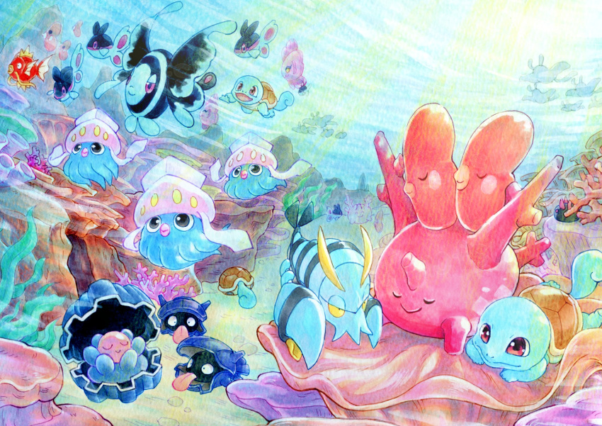 alomomola animal_focus brown_eyes clamperl clauncher closed_eyes closed_mouth commentary_request coral corsola finneon fish fullmofsuika highres inkay lumineon luvdisc lying magikarp mantine marker_(medium) no_humans pokemon pokemon_(creature) pyukumuku seaweed shellder smile squirtle traditional_media u_u underwater