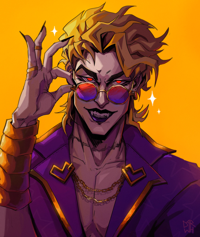 1boy absurdres alternate_costume bespectacled blonde_hair bracelet chain darwh dio_brando ear_birthmark fabulous fangs fingernails glasses glowing glowing_eyes highres jewelry jojo_no_kimyou_na_bouken looking_at_viewer looking_over_eyewear male_focus purple_lips red_eyes ring round_eyewear scar scar_on_neck sharp_fingernails solo sparkle stardust_crusaders sunglasses yellow_background