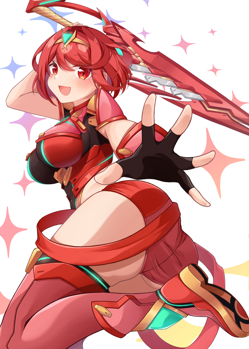 1girl absurdres ass belt black_belt black_gloves boots breasts fingerless_gloves gem gloves green_gemstone hand_on_weapon highres open_hand pyra_(xenoblade) red_armor red_eyes red_hair short_hair short_shorts shorts star_(symbol) thigh_boots tiara user_ccsr4348 xenoblade_chronicles_(series) xenoblade_chronicles_2