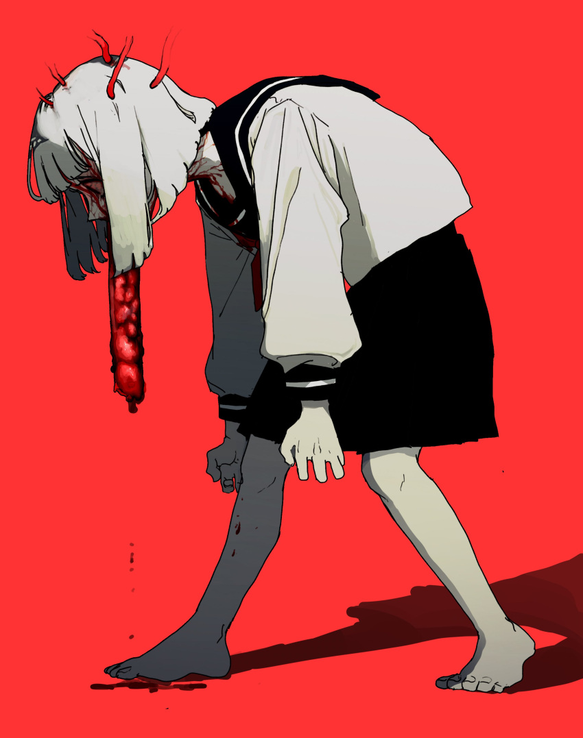 1girl absurdres barefoot black_sailor_collar black_skirt blending blood blood_on_clothes blood_on_face bob_cut body_horror colored_skin commentary_request covered_mouth dripping from_side full_body grey_skin guro highres hunched_over legs_apart long_sleeves neckerchief original profile red_background red_neckerchief sailor_collar school_uniform serafuku shadow shirt short_hair simple_background skirt solo suikaaisu tentacles veins white_hair white_shirt wide-eyed