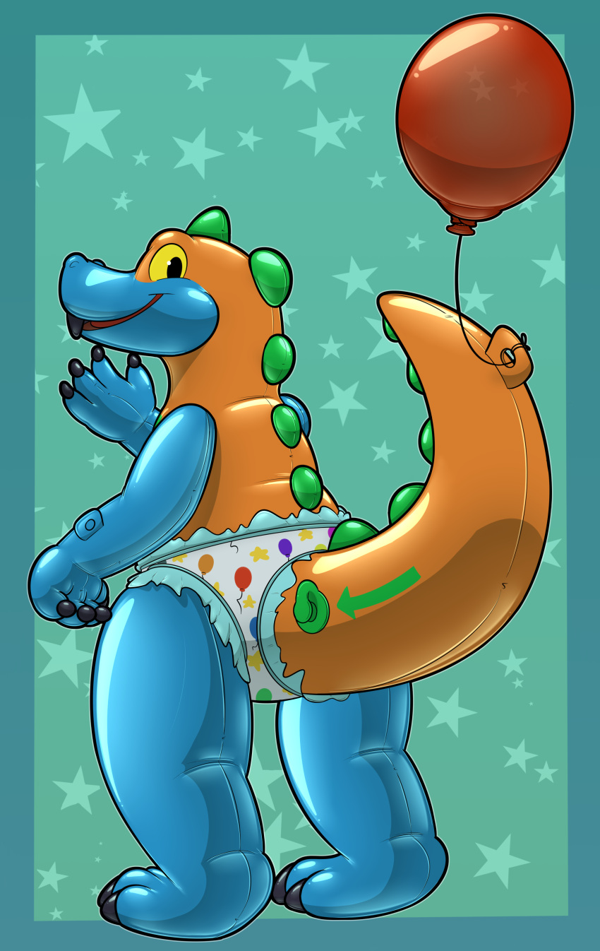 absurd_res animate_inanimate anthro balloon clothed clothing diaper dinosaur gesture happy hi_res inflatable inflation_valve living_inflatable looking_at_viewer looking_back male pattern_diaper pool_toy pull-ups_(diaper) reptile rex_(zoran) ryucas scalie simple_background solo theropod toothy_grin tyrannosaurid tyrannosaurus tyrannosaurus_rex waving waving_at_viewer wearing_diaper