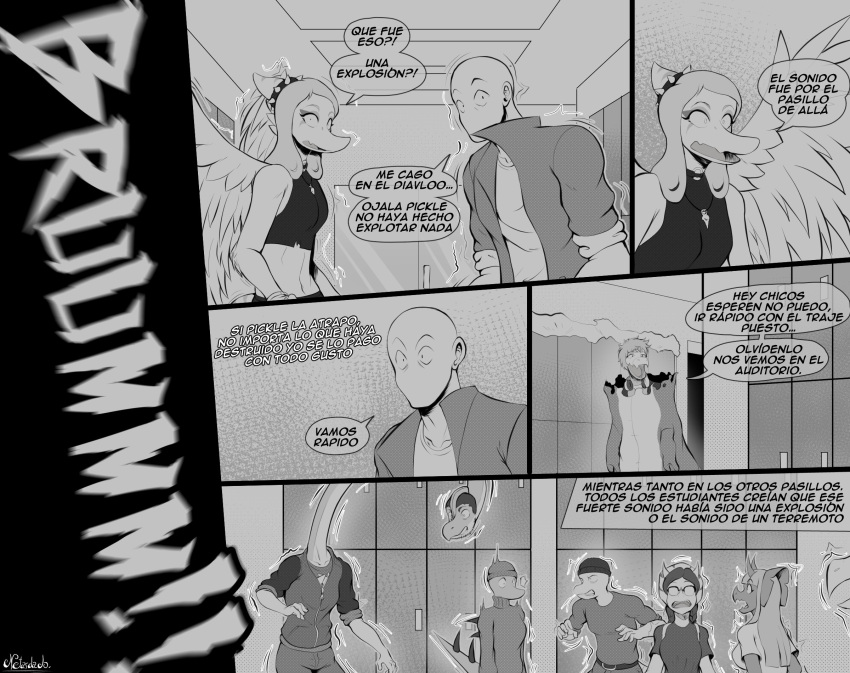 anon_(snoot_game) bald beanie breasts ceratopsian clothed clothing comic crop_top dialogue dinosaur dromaeosaurid erin_(snoot_game) fang_(gvh) female goodbye_volcano_high group hair hat headgear headwear hi_res human inside locker long_neck male mammal midriff monochrome netardado onomatopoeia ornithischian pendant pterodactylus pterosaur reed_(gvh) reptile sauropod scalie shaking shirt snoot_game solo_in_panel sound_effects spanish_text speech_bubble spiked_tail spikes spikes_(anatomy) stephanie_(gvh) tail text text_box theropod tiffany_(snoot_game) topwear trembling triceratops velociraptor