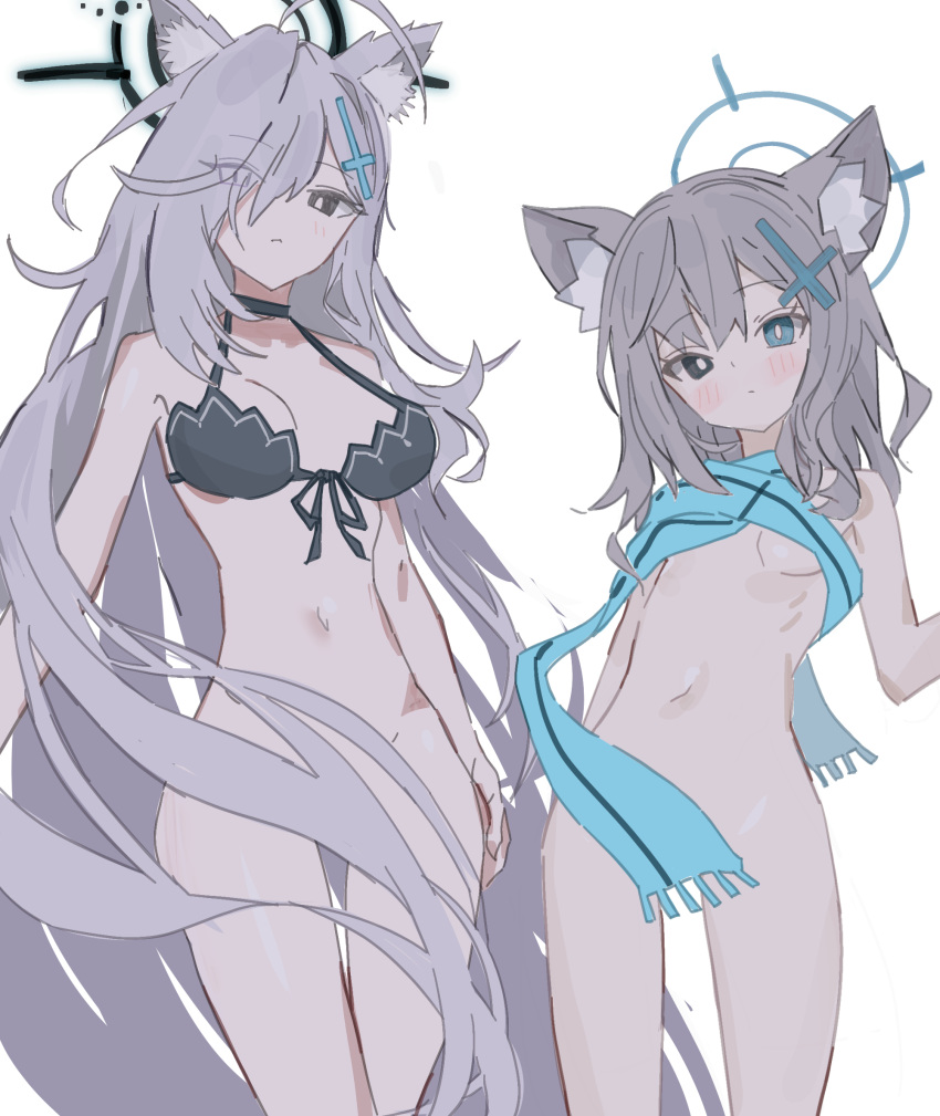 2girls ahoge animal_ears aqua_eyes bikini bikini_top_only black_bikini black_choker blue_archive blush bottomless breasts choker convenient_censoring dual_persona grey_hair hair_over_one_eye halo height_difference highres large_breasts long_hair looking_at_viewer mismatched_pupils multiple_girls naked_scarf navel rei_(aehg3454) scarf shiroko_(blue_archive) shiroko_terror_(blue_archive) simple_background small_breasts stomach swimsuit very_long_hair white_background wolf_ears