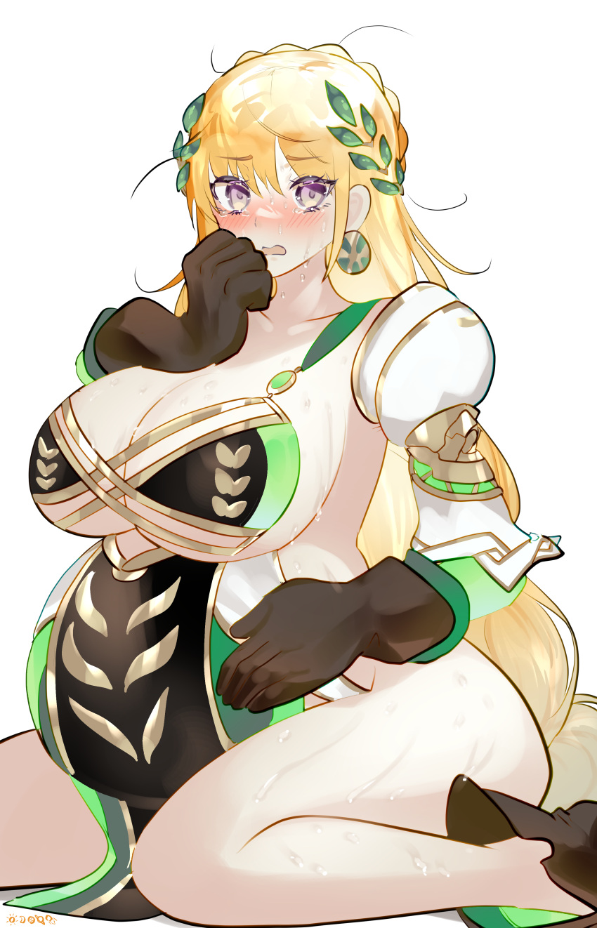 1girl absurdres big_belly blonde_hair blush braid breasts commission demeter_(fate) earrings embarrassed fate/grand_order fate_(series) green_vest hair_between_eyes hair_ornament hand_on_own_face hand_on_own_stomach highres huge_breasts jewelry kneeling leaf long_hair looking_at_viewer messy_hair nitric_acid no_panties open_mouth pixiv_commission pregnant purple_eyes simple_background solo spread_legs sweat tears thick_thighs thighhighs thighs trembling vest white_background