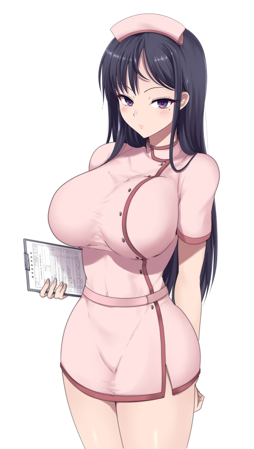 1girl arm_behind_back belt black_hair blush breasts covered_navel dress hat highres holding impossible_clothes kasai_shin large_breasts long_hair looking_at_viewer mole mole_under_eye nurse nurse_cap original paper pink_dress purple_eyes short_dress side_slit simple_background solo standing white_background