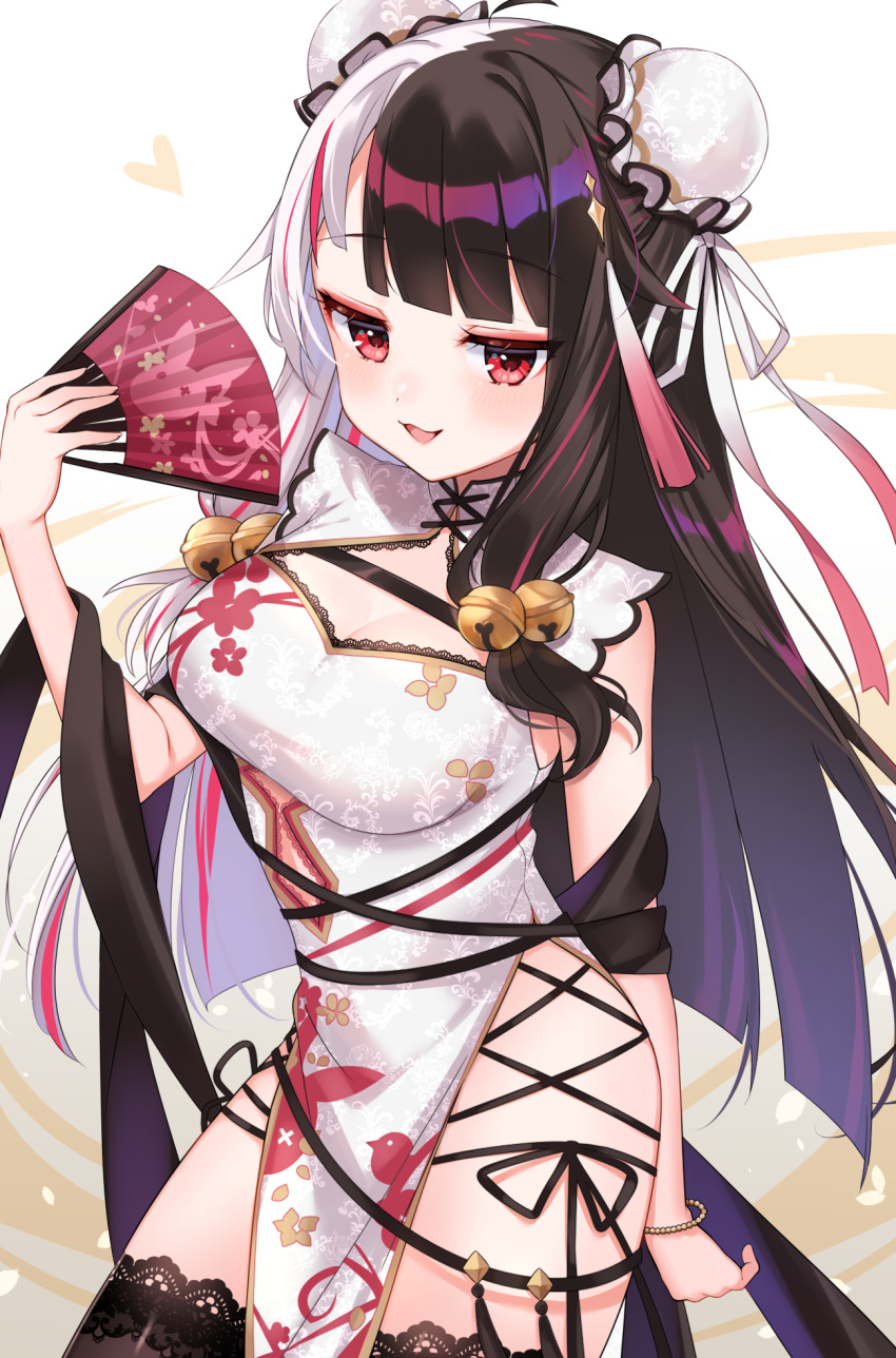 1girl :d ahoge animal_print bead_bracelet beads bell black_hair black_thighhighs blush bracelet breasts center_opening china_dress chinese_clothes cleavage cleavage_cutout clothing_cutout cowboy_shot double_bun dress floral_print folding_fan hair_bell hair_bun hair_ornament hair_ribbon hand_fan heart highres holding holding_fan jewelry jingle_bell kawagami_raito lace-trimmed_legwear lace_trim long_hair medium_breasts multicolored_hair multicolored_ribbon nijisanji official_alternate_costume pelvic_curtain rabbit_print red_eyes red_hair red_ribbon ribbon smile solo split-color_hair streaked_hair thighhighs two-tone_hair virtual_youtuber white_dress white_hair white_ribbon yorumi_rena yorumi_rena_(10th_costume)