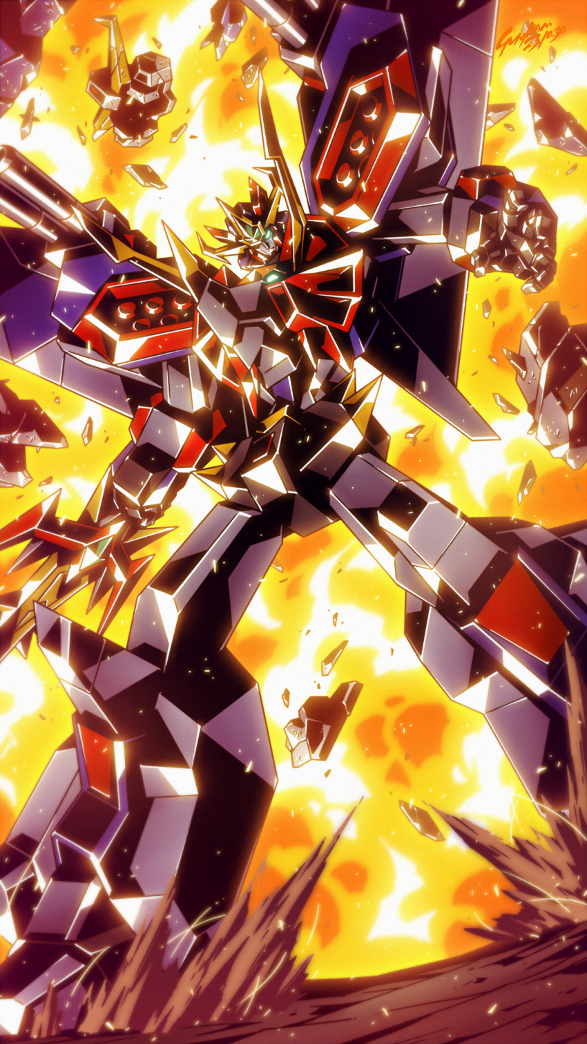 babamba explosion gattai highres king_go-saurer mecha nekketsu_saikyou_go-saurer no_humans robot shoulder_cannon standing super_robot sword weapon