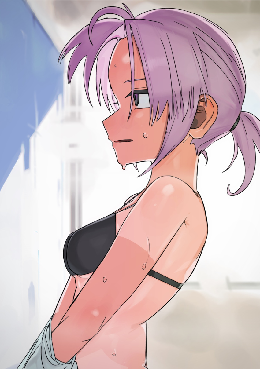 100_percent_orange_juice 1girl black_bra blush bra breasts commentary_request dressing embarrassed highres indoors medium_hair open_mouth parted_bangs parted_lips ponytail purple_eyes purple_hair shirt small_breasts solo sweat tan tomomo_(orange_juice) tomomo_(sweet_eater) toufu_(tofu_prprpr) underwear upper_body white_shirt