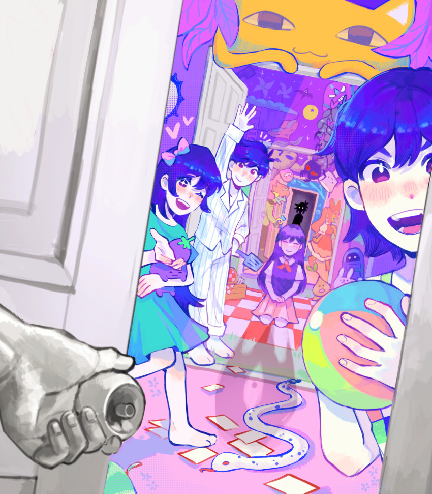 3girls 5boys aubrey_(omori) ball big_yellow_cat_(omori) blush boss_(omori) captain_spaceboy colored_skin door hero_(omori) highres holding holding_ball holding_spatula humphrey_(omori) kel_(omori) kid's_kite_(omori) kimsugi king_crawler_(omori) looking_at_viewer mari_(omori) multiple_boys multiple_girls omori omori_(omori) one_eye_closed open_mouth pinwheel pluto_(omori) purple_eyes purple_hair smile snake spatula stranger_(omori) sunny_(omori) sweetheart_(omori) white_skin ye_old_sprout_(omori)