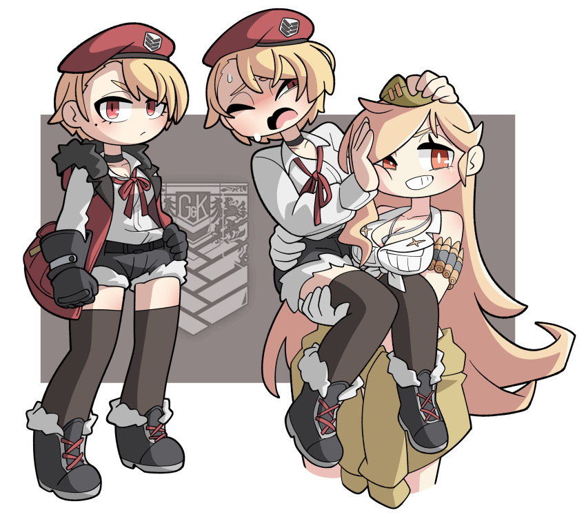 2girls absurdres ammunition armedrabbit beret black_footwear black_gloves black_shorts black_thighhighs blonde_hair blush boots breasts brown_eyes carrying choker cleavage closed_mouth clothes_around_waist collarbone commission dog_tags female_commander_(girls'_frontline) full_body fur-trimmed_boots fur-trimmed_jacket fur_trim garrison_cap girls'_frontline gloves green_headwear green_jacket griffin_&amp;_kryuger hand_on_own_hip hat highres jacket jacket_around_waist journey_in_the_auspicious_snow_(girls'_frontline) long_hair long_sleeves looking_at_viewer m2hb_(girls'_frontline) mole mole_under_eye multiple_girls open_mouth princess_carry red_eyes red_headwear red_jacket red_ribbon ribbon second-party_source shirt shirt_tucked_in short_hair shorts sleeveless sleeveless_jacket sleeveless_shirt thighhighs tied_shirt very_long_hair white_shirt