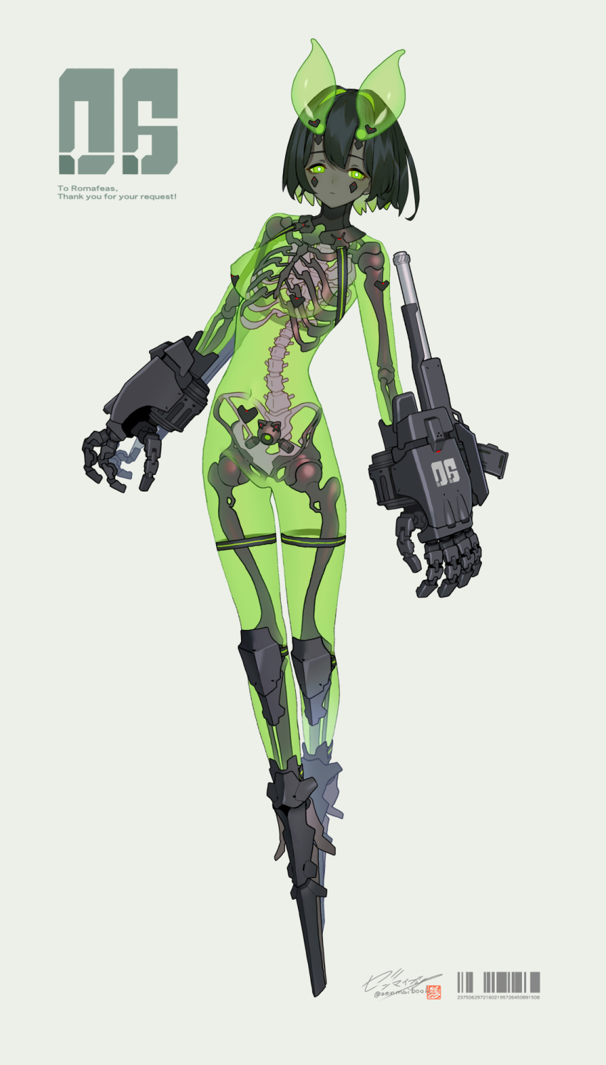 1girl android black_hair black_skin breasts colored_inner_hair colored_skin commentary_request commission full_body green_background green_eyes green_hair green_skin highres horns joints looking_at_viewer medium_breasts multicolored_hair no_feet original oversized_forearms oversized_limbs pile_bunker ribs robot_joints short_hair skeb_commission skeleton solo spine translucent_skin two-tone_hair zenmaibook