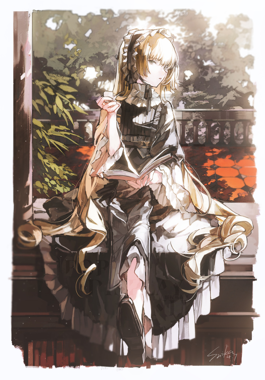 1girl absurdres black_dress black_footwear blonde_hair book brown_eyes cui_(jidanhaidaitang) dated dress frilled_sleeves frills full_body gosick hairband highres holding holding_book holding_smoking_pipe lolita_fashion lolita_hairband long_hair long_sleeves looking_at_viewer open_book parted_lips signature sitting smokestack smoking_pipe solo very_long_hair victorica_de_blois wide_sleeves