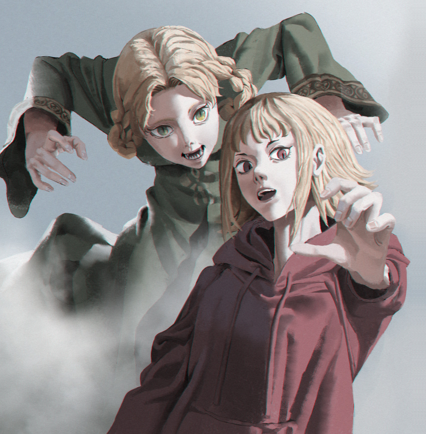 2girls blonde_hair chainsaw_man crossover dress elden_ring green_dress green_eyes highres hood hoodie looped_braids multiple_girls open_mouth reaching_towards_viewer red_eyes red_hoodie rya_(elden_ring) sawatari_akane_(chainsaw_man) sharp_teeth simple_background slit_pupils teeth x37tc