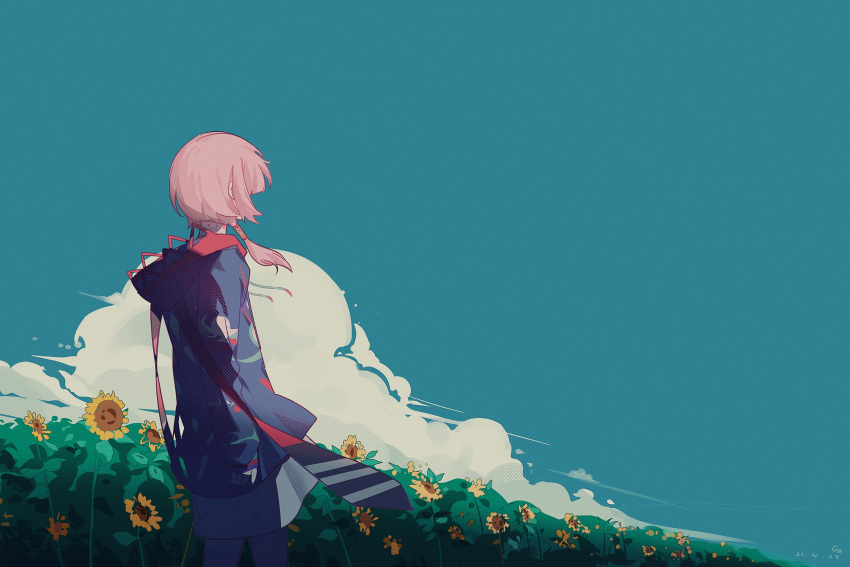 1girl absurdres blue_jacket blue_sky blunt_bangs cloud commentary day dress feet_out_of_frame field floating_hair flower flower_field from_side ganezugarrrrr grey_dress hair_over_face hair_over_shoulder highres hood hood_down jacket kaf_(kamitsubaki_studio) kamitsubaki_studio long_sleeves low_ponytail multicolored_clothes multicolored_jacket outdoors pink_hair scenery short_dress single_hair_tube sky solo standing sunflower virtual_youtuber wind