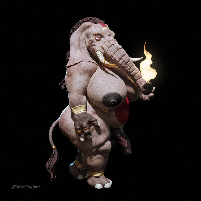 1:1 3_fingers 3d_(artwork) absurd_res anthro balls blind bodypaint digital_media_(artwork) dreadlocks elemental_manipulation elephant elephantid fingers fire fire_manipulation genitals gynomorph herm hi_res intersex lagende mammal maxsculpts nipples overweight overweight_intersex penis proboscidean proboscis_(anatomy) solo trunk_(anatomy) tusks