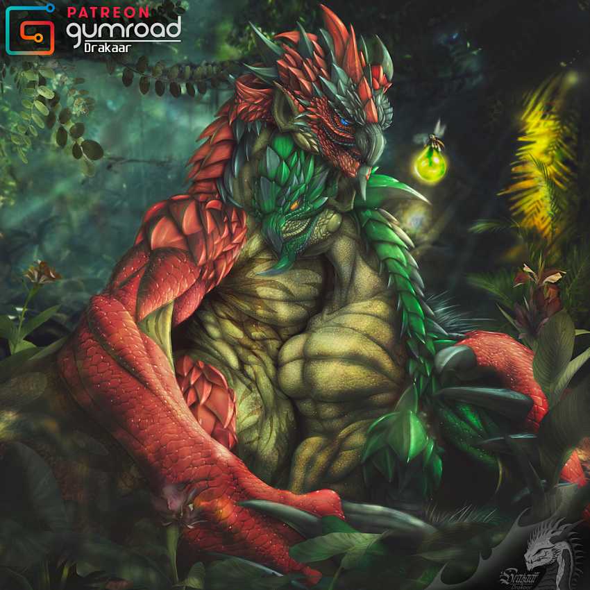 artist_name capcom claws detailed detailed_scales drakaar duo embrace female feral finger_claws flying_wyvern forest green_body green_scales gumroad gumroad_logo hi_res hug male male/female monster_hunter patreon plant rath_wyvern rathalos rathian red_body red_scales scales shaded text tree watermark