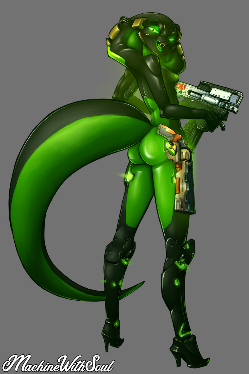 2021 anthro areola bedroom_eyes biped black_body breasts butt clothing cobra countershade_tail countershading cybernetics cyborg female footwear glowing glowing_eyes green_body green_eyes green_nipples green_tongue gun handgun hi_res high_heels holding_gun holding_object holding_weapon looking_at_viewer looking_back looking_back_at_viewer machine machinewithsoul multicolored_body narrowed_eyes nipples non-mammal_breasts nude open_mouth pescadera_navarro_(machinewithsoul) pupils ranged_weapon rear_view reptile revolver scalie seductive simple_background slim slit_pupils small_breasts snake snake_hood solo standing tail teeth tongue two_tone_body weapon