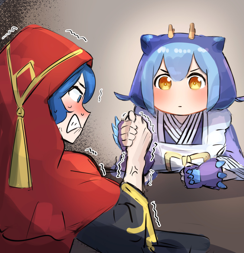 2girls apron arm_wrestling blue_eyes blue_hair blush clenched_teeth commentary dragon_girl dragon_horns duel_monster fingerless_gloves gameplay_mechanics gloves hatano_kiyoshi highres hood hood_up horns laundry_dragonmaid long_hair multicolored_hair multiple_girls novox_the_silenforcer_disciple red_hood short_hair sketch table teeth two-tone_hair yellow_eyes yu-gi-oh!