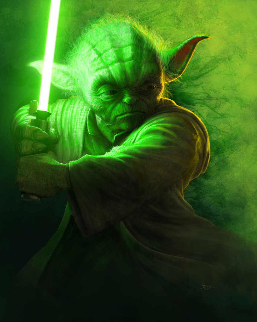 1boy absurdres alien ben_judd energy_sword green_lightsaber highres holding_lightsaber jedi lightsaber looking_to_the_side no_humans pointy_ears robe smoke solo star_wars sword weapon yoda