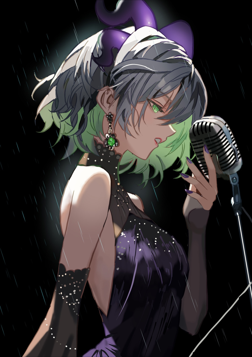 1girl alternate_ears bare_shoulders black_dress bsapricot_(vtuber) colored_inner_hair demon_horns detached_sleeves dress earrings green_eyes green_hair grey_hair highres holding holding_microphone horns jewelry lipstick makeup microphone mochimochi_589 multicolored_hair multiple_horns nail_polish parted_lips profile purple_horns purple_nails rain short_hair sleeveless sleeveless_dress solo teeth virtual_youtuber vshojo