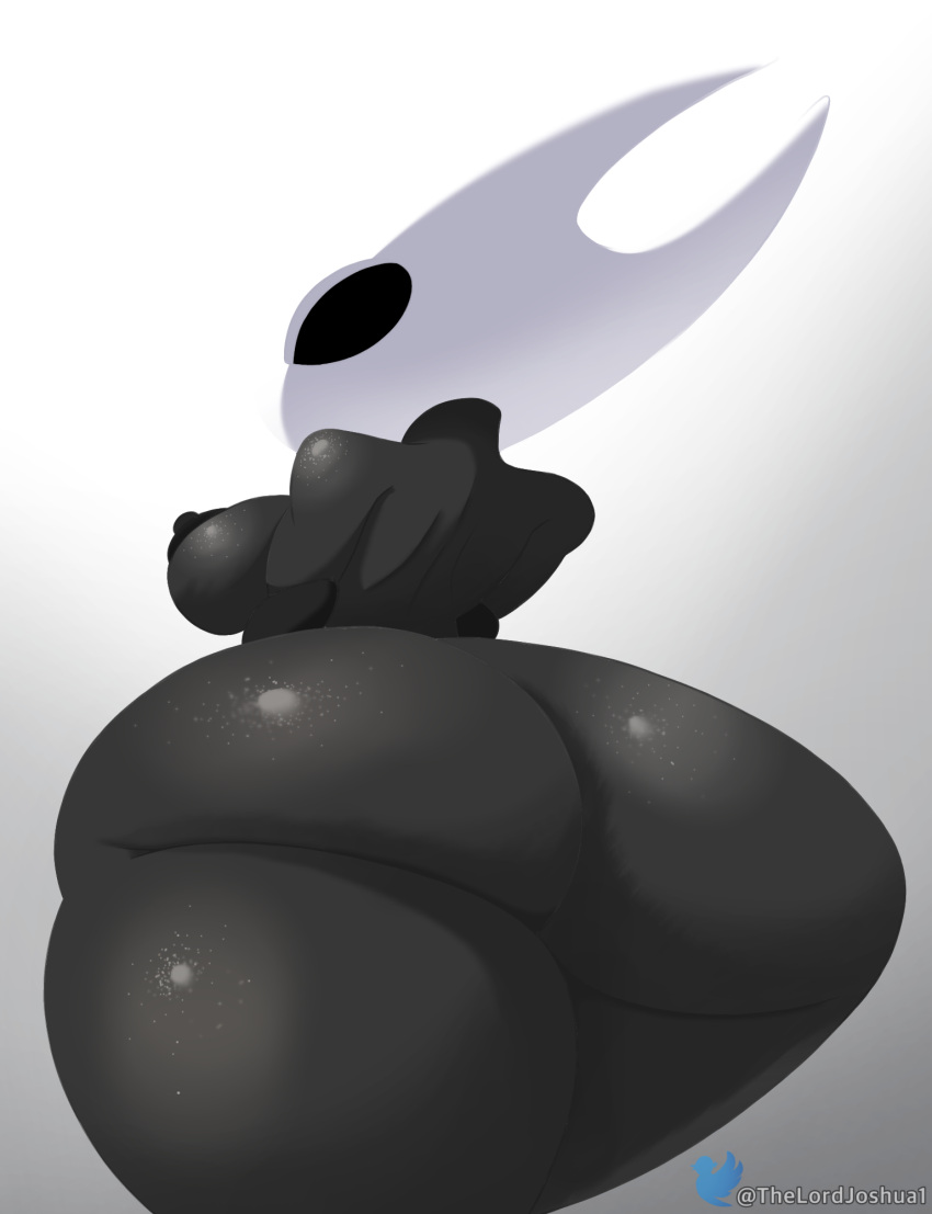 anthro arachnid arthropod big_butt black_body breasts butt butt_focus curvy_body curvy_female empty_eyes female female_focus hi_res hollow_knight hornet_(hollow_knight) looking_at_viewer looking_back looking_back_at_viewer looking_down low-angle_view mask nipples reflective_body short_stack simple_background solo spider team_cherry thelordjoshua watermark white_background white_mask wide_hips