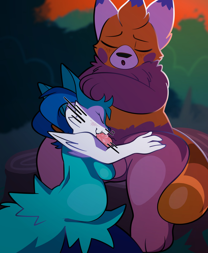 2023 3_fingers 3_toes 4_fingers absurd_res alternate_color anthro auria_jansson balls batruse bewear blue_body blue_fur blue_highlights blurred_background blush blush_lines braixen breasts cheek_spots cheek_tuft chest_tuft dipstick_ears duo eyes_closed facial_tuft feet fellatio female fingers fur generation_6_pokemon generation_7_pokemon genitals gynomorph_(lore) hand_on_leg head_tuft hi_res highlights_(coloring) holding_head inner_ear_fluff kneeling male male/female markings motion_lines multicolored_ears nintendo open_mouth oral orange_body orange_fur outside penile pokemon pokemon_(species) red_body red_fur sex shiny_pokemon side_boob sitting slightly_chubby striped_markings striped_tail stripes tail tail_markings tail_tuft toes trans_(lore) trans_woman_(lore) tree_stump tuft white_body white_fur