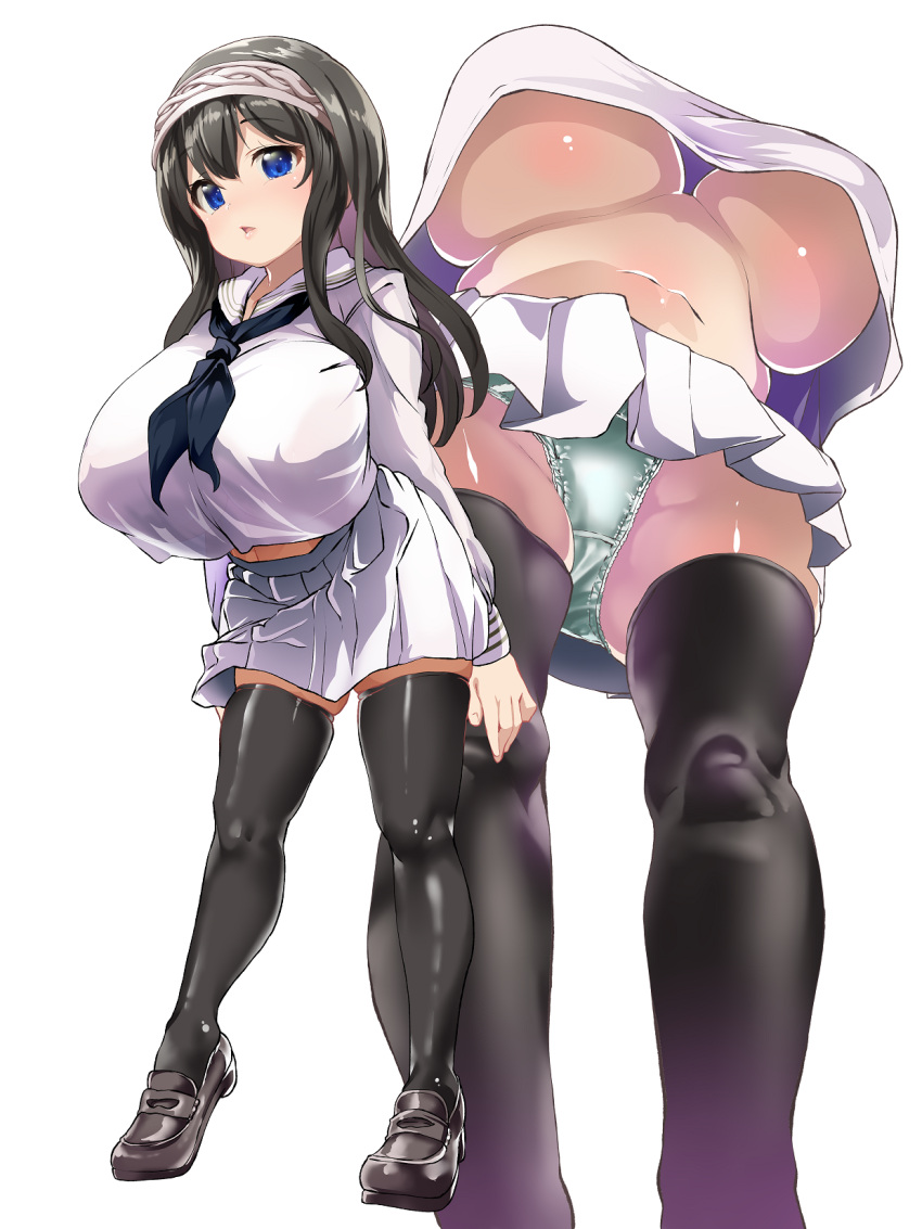 1girl black_hair black_thighhighs blue_eyes blush breasts brown_footwear commentary_request from_below green_panties hairband highres huge_breasts idolmaster idolmaster_cinderella_girls long_hair long_sleeves looking_at_viewer midriff multiple_views neckerchief open_mouth panties pantyshot pleated_skirt sagisawa_fumika sailor_collar school_uniform serafuku shift_(waage) shirt_overhang shoes simple_background skindentation skirt standing thighhighs thighs underboob underwear upskirt white_background