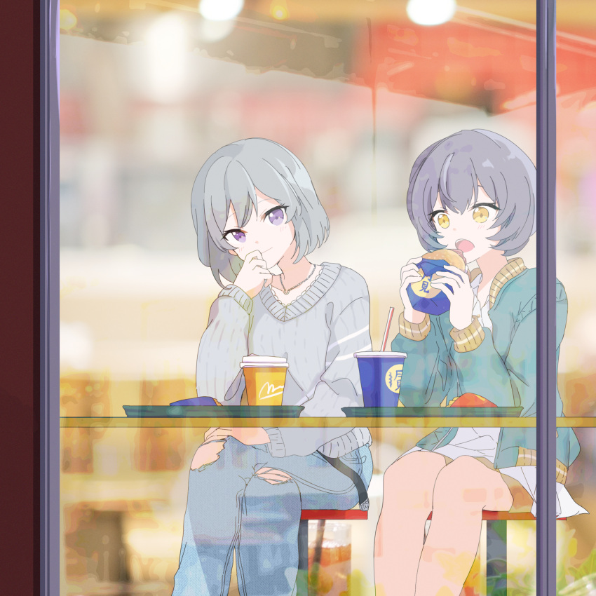 2girls blue_pants bob_cut burger closed_mouth collared_jacket cup denim disposable_cup drink drinking_straw eating food green_jacket grey_hair grey_sweater hair_between_eyes hand_on_own_chin head_rest highres holding holding_food idoly_pride igawa_aoi indoors jacket jeans kanzaki_rio leaning_on_table legs_together long_bangs long_sleeves looking_at_another miniskirt multiple_girls open_clothes open_jacket open_mouth pants pleated_skirt purple_eyes restaurant side-by-side sidelocks sitting skirt smile stool sweater table teeth torn_clothes torn_jeans torn_pants tray upper_teeth_only watameki_(pixiv_33969409) white_skirt window yellow_eyes