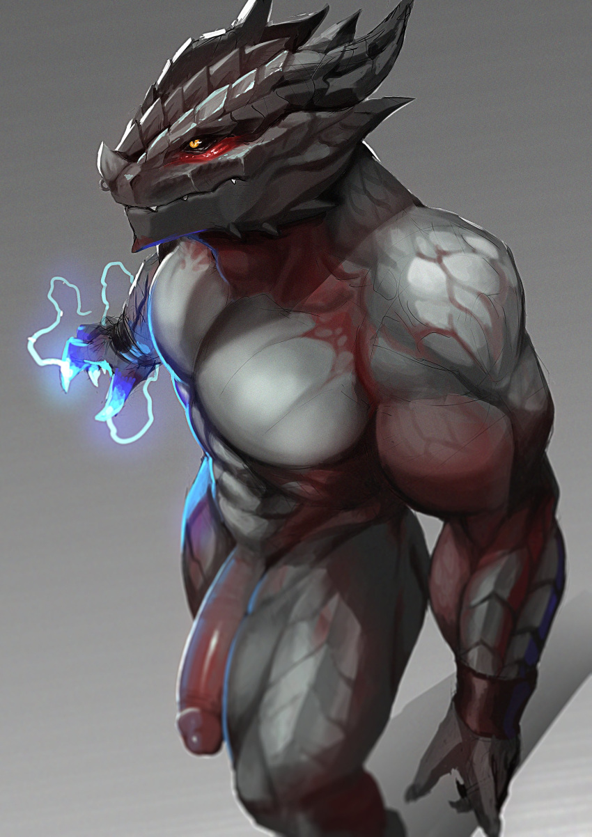 2023 abs absurd_res agitype01 anthro biceps big_penis biped digital_media_(artwork) dragon dragonborn_(dnd) dungeons_and_dragons genitals grey_background grey_body grey_scales half-erect hasbro hi_res horn humanoid_genitalia humanoid_penis magic_user male multicolored_body muscular muscular_anthro muscular_male muscular_thighs pecs penis pupils red_body scales scalie serratus simple_background slit_pupils solo triceps two_tone_body wizards_of_the_coast yellow_eyes