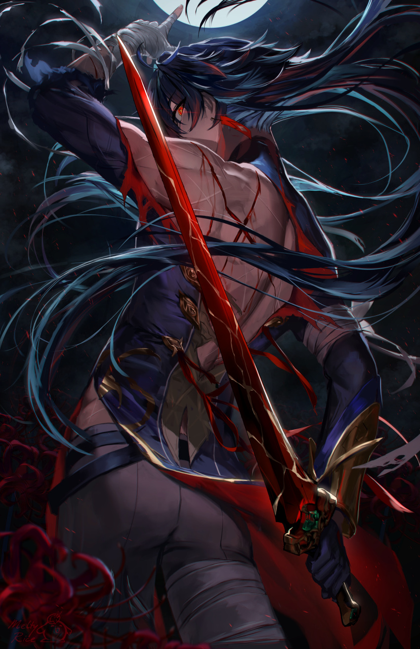 1boy absurdres arm_behind_back arm_up bandaged_hand bandages black_gloves black_hair blade_(honkai:_star_rail) blood floating_hair from_behind gloves hanafuda_earrings highres holding holding_sword holding_weapon honkai:_star_rail honkai_(series) long_hair long_sleeves meltyrice pants sword torn_clothes very_long_hair weapon