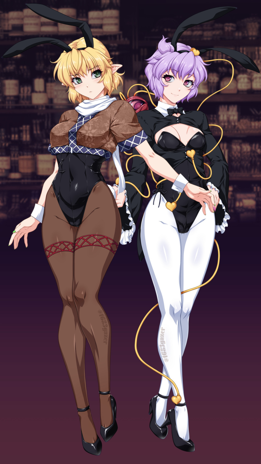 2girls adapted_costume alternate_costume animal_ears black_bow black_bowtie black_footwear black_hairband black_leotard black_shirt blonde_hair blush bow bowtie breasts brown_background brown_pantyhose brown_shirt closed_mouth collar commentary_request covered_navel crop_top crossed_legs detached_collar expressionless eyeball fake_animal_ears fake_tail frilled_sleeves frills full_body gradient_background green_eyes grey_background hair_ornament hairband hand_on_own_hip heart heart_hair_ornament high_heels highleg highleg_leotard highres komeiji_satori leotard leotard_under_clothes long_sleeves looking_at_viewer medium_bangs medium_breasts mizuhashi_parsee multiple_girls ootsuki_wataru pantyhose playboy_bunny pointy_ears purple_hair rabbit_ears rabbit_tail red_eyes scarf shirt short_hair short_sleeves shrug_(clothing) simple_background small_breasts smile strapless strapless_leotard tail third_eye touhou watson_cross white_collar white_pantyhose white_scarf wrist_cuffs