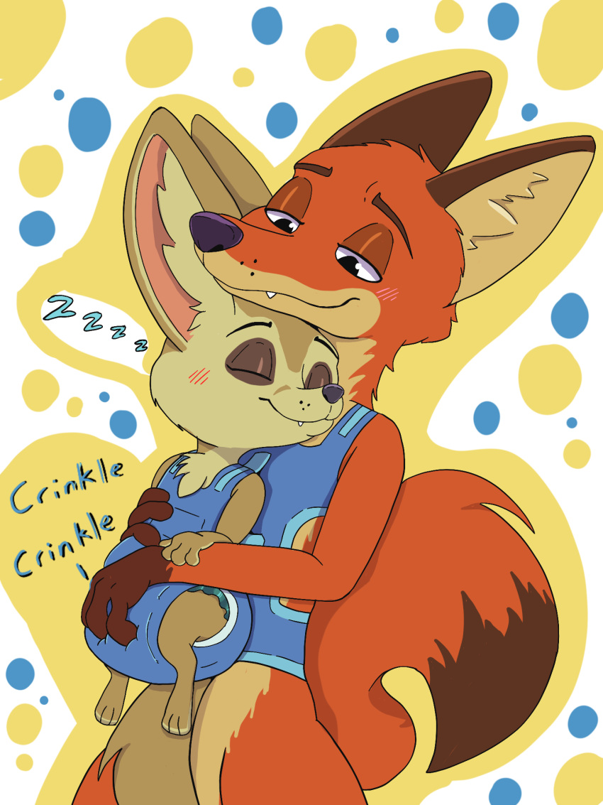 3:4 alonelyopossum anthro baby_carrier blush canid canine clothed clothing crinkling cuddling diaper disney duo fennec finnick fox grope groping_crotch hi_res infantilism male male/male mammal nick_wilde red_fox size_difference size_play sleeping smile wearing_diaper young zootopia