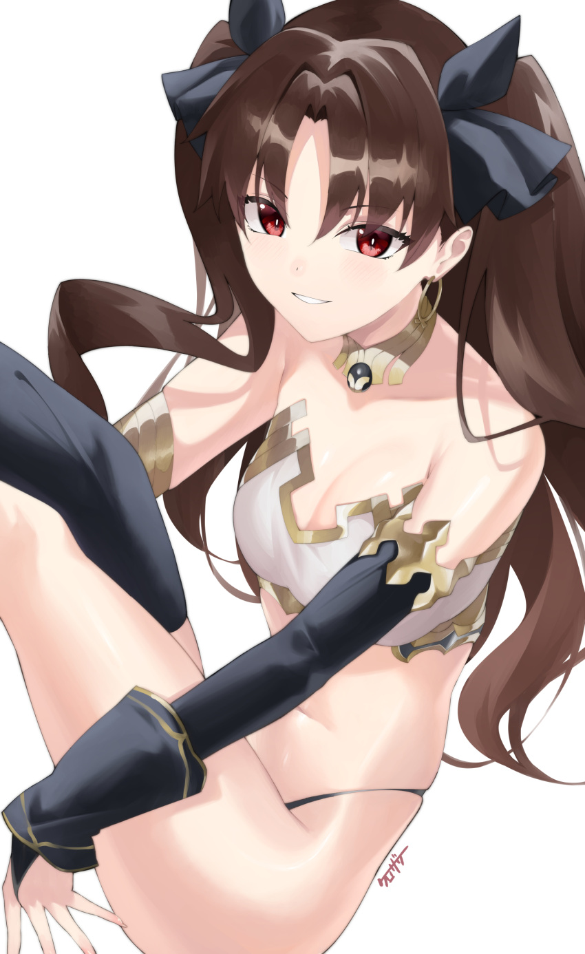 1girl absurdres armlet bikini black_thighhighs blush bracelet breasts brown_hair cleavage detached_sleeves earrings fate/grand_order fate_(series) gold_trim grin hair_ribbon highres hoop_earrings ishtar_(fate) jewelry kurozawa_yui long_hair looking_at_viewer medium_breasts mismatched_bikini neck_ring parted_bangs red_eyes ribbon single_detached_sleeve single_thighhigh smile solo swimsuit thighhighs thighs two_side_up