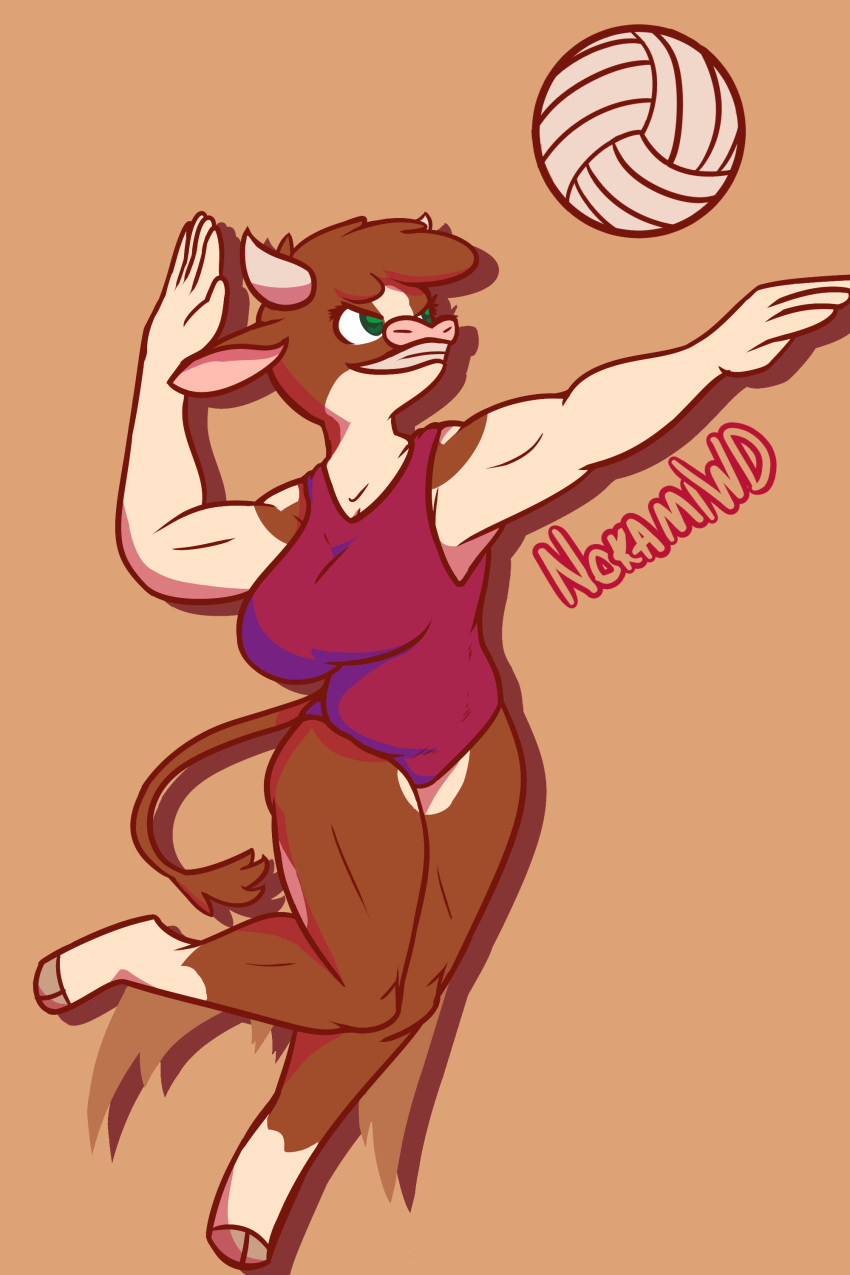 2:3 absurd_res anthro arizona_cow_(tfh) ball big_breasts bovid bovine breasts cattle clothing female hereford_cattle hi_res huge_breasts jumping mammal multicolored_body muscular muscular_female nokamiwd one-piece_swimsuit simple_background slightly_chubby smile solo swimwear them's_fightin'_herds thick_thighs two_tone_body volleyball_(ball)