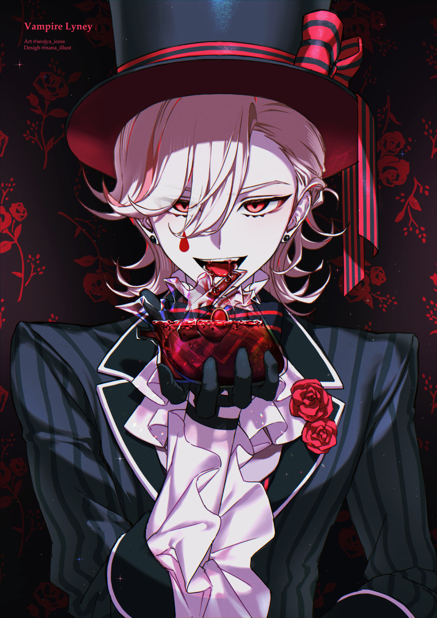 1boy absurdres black_gloves black_headwear black_jacket blood bow character_name ear_piercing english_commentary fangs flower genshin_impact gloves hair_between_eyes hat hat_bow highres ice_s_s_z jacket long_sleeves looking_at_viewer lyney_(genshin_impact) male_focus multicolored_hair open_mouth piercing red_eyes red_flower red_hair red_rose rose simple_background solo streaked_hair striped striped_bow striped_jacket teardrop_facial_mark top_hat twitter_username upper_body vampire white_hair
