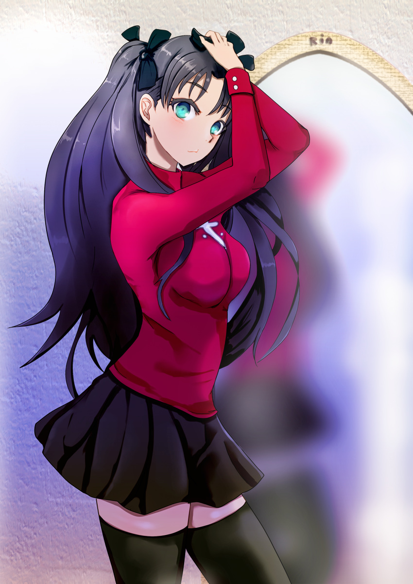 absurdres black_hair black_skirt black_thighhighs blue_eyes breasts fate/stay_night fate_(series) hair_ribbon highres long_hair looking_at_viewer medium_breasts michikusaboushi_(p_o_q) miniskirt mirror red_sweater ribbon skirt solo sweater thighhighs tohsaka_rin two_side_up zettai_ryouiki