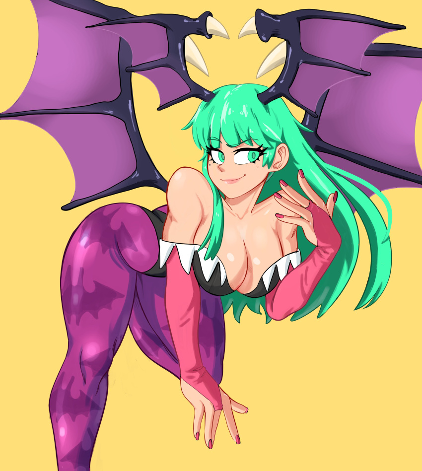 2020 absurd_res armwear bare_shoulders breasts capcom cleavage clothed clothing colored_nails darkstalkers demon demon_humanoid female green_hair hair hi_res humanoid light_body light_skin long_hair membrane_(anatomy) membranous_wings morrigan_aensland nails not_furry officialmossy simple_background smile solo wings