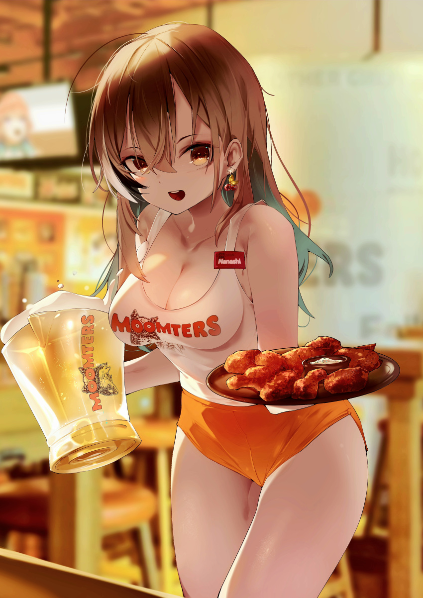 1girl absurdres alcohol alternate_costume beer blurry blurry_background brand_name_imitation breasts brown_eyes brown_hair chicken_(food) cleavage cup earrings foam food highres holding holding_cup holding_pitcher holding_plate hololive hololive_english hooters jewelry long_hair medium_breasts multicolored_hair name_tag nanashi_mumei open_mouth orange_shorts pitcher_(container) plate pparus print_shirt shirt short_shorts shorts solo streaked_hair tank_top thighs virtual_youtuber white_tank_top