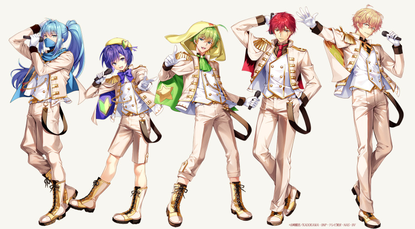 5boys blonde_hair blue_hair boots bow bowtie dororo_(keroro_gunsou) fujima_takuya giroro glasses gloves green_hair hat highres keroro keroro_gunsou kururu_(keroro_gunsou) long_hair mask multiple_boys necktie official_art purple_hair red_hair scarf shoes short_hair simple_background suit tamama