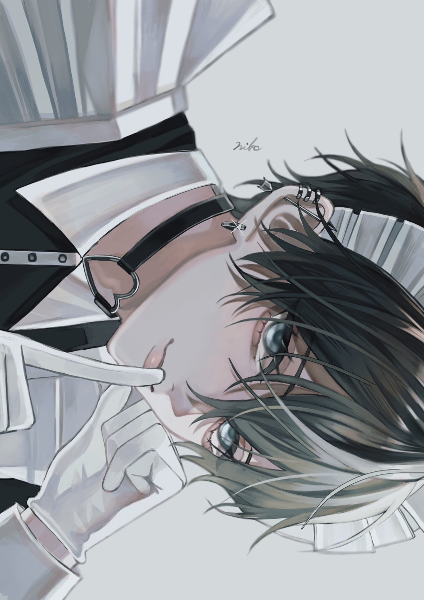 1boy black_hair blue_eyes closed_mouth ear_piercing earrings finger_to_mouth gloves grey_background hair_between_eyes highres jewelry looking_at_viewer maid maid_headdress male_focus original piercing portrait short_hair simple_background smile solo sosaku_25 white_gloves