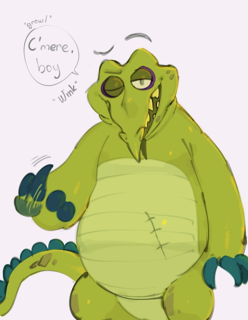 2023 abdominal_scar absurd_res alligator alligatorid anthro belly biped cranky_(where's_my_water?) crocodilian dialogue digital_media_(artwork) english_text green_body green_scales growling hi_res kogito male one_eye_closed open_mouth open_smile overweight overweight_anthro overweight_male pose reptile scales scalie scar smile solo speech_bubble standing tail talking_to_viewer teeth text where's_my_water? wink
