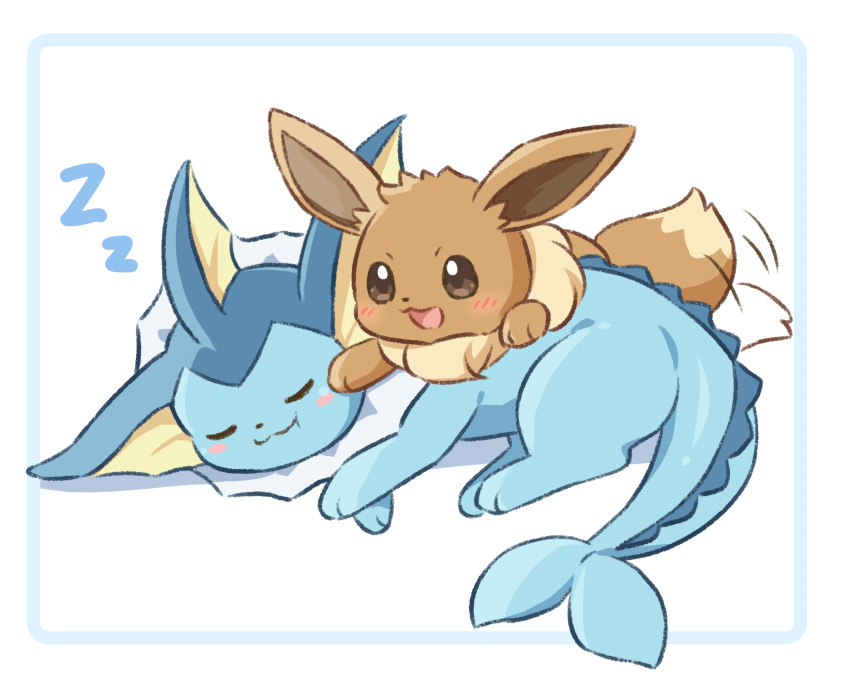 :3 :t afterimage animal_focus blue_border blush blush_stickers border brown_eyes closed_mouth commentary_request eevee happy highres lying motion_lines neck_fur neko_gyoza no_humans on_side open_mouth outside_border partial_commentary pokemon pokemon_(creature) poking simple_background sleeping smile tail tail_wagging vaporeon white_background zzz