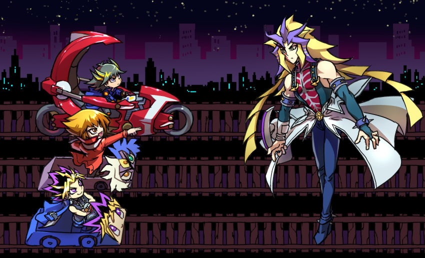black_hair black_tank_top blonde_hair blue_eyes blue_footwear blue_jacket blue_pants boss_fight bracelet brown_eyes brown_hair cape chain_necklace chibi city cityscape commentary crossed_arms d-wheel deltarune detached_sleeves determined driving duel_disk elbow_pads facial_mark floating fudou_yuusei high_collar highres jacket jewelry knee_pads long_hair looking_at_another marking_on_cheek motor_vehicle motorcycle multicolored_hair mutou_yuugi necklace night night_sky open_mouth outdoors pants paradox_(yu-gi-oh!) pointing pointing_at_another purple_eyes purple_hair railroad_tracks red_jacket roller_coaster serious shirt short_hair shoulder_pads sky skyline sleeveless sleeveless_shirt smile spiked_bracelet spiked_footwear spiked_hair spikes standing streaked_hair studded_armlet tank_top waist_cape wheel white_cape yami_yuugi youko-shima yu-gi-oh! yu-gi-oh!_3d_bonds_beyond_time yu-gi-oh!_5d's yu-gi-oh!_duel_monsters yu-gi-oh!_gx yubel yuuki_juudai